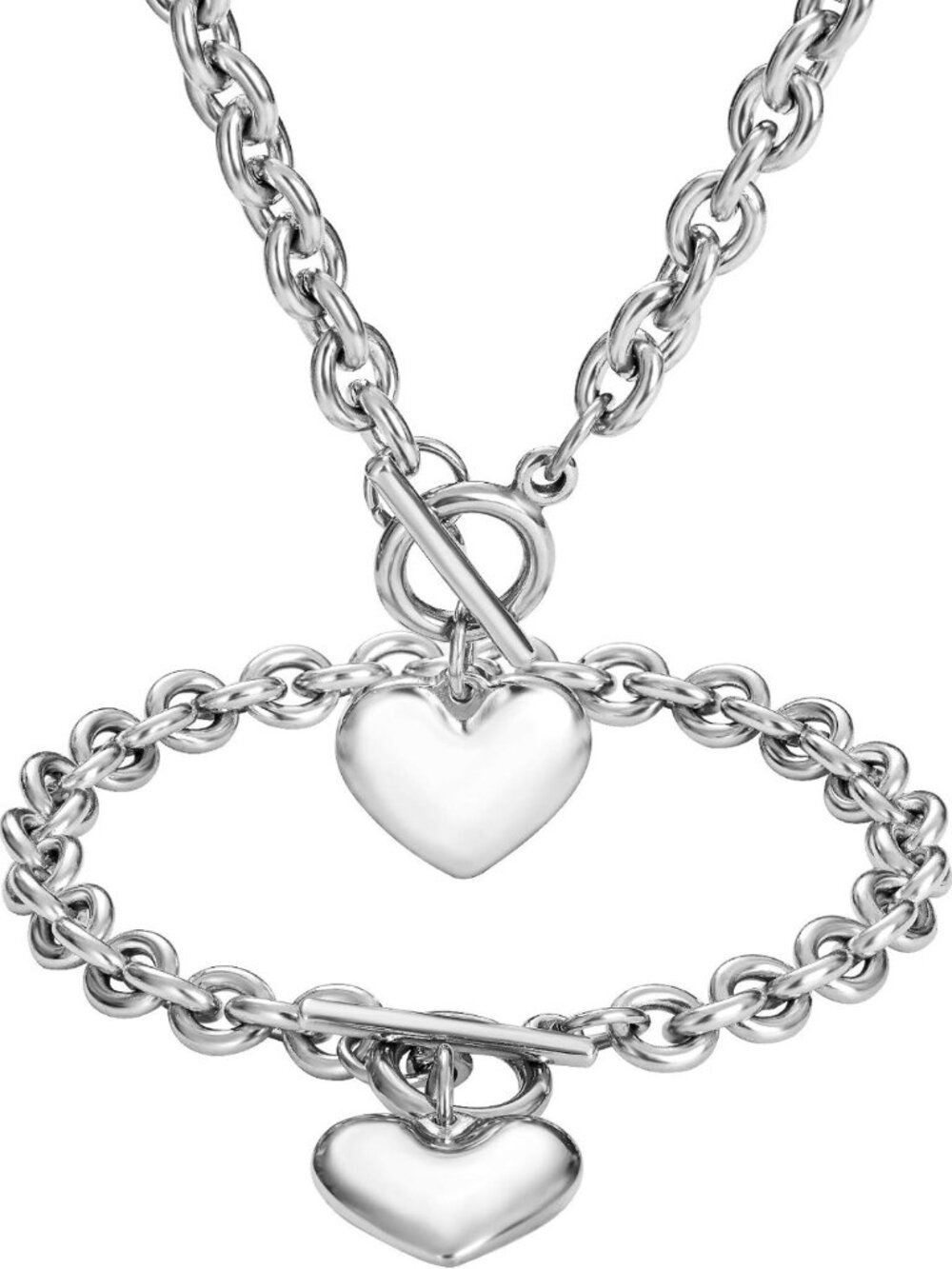 Heart Pendant Necklace & Bracelet Set for Women - 18K Gold/Rose Gold/Silver